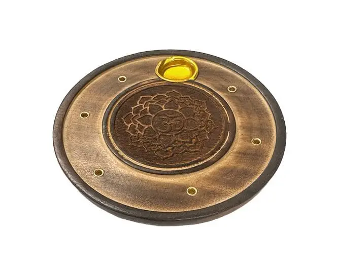 Porte Encens en Bois Rond Ciselé Om & Lotus 10cm x10
