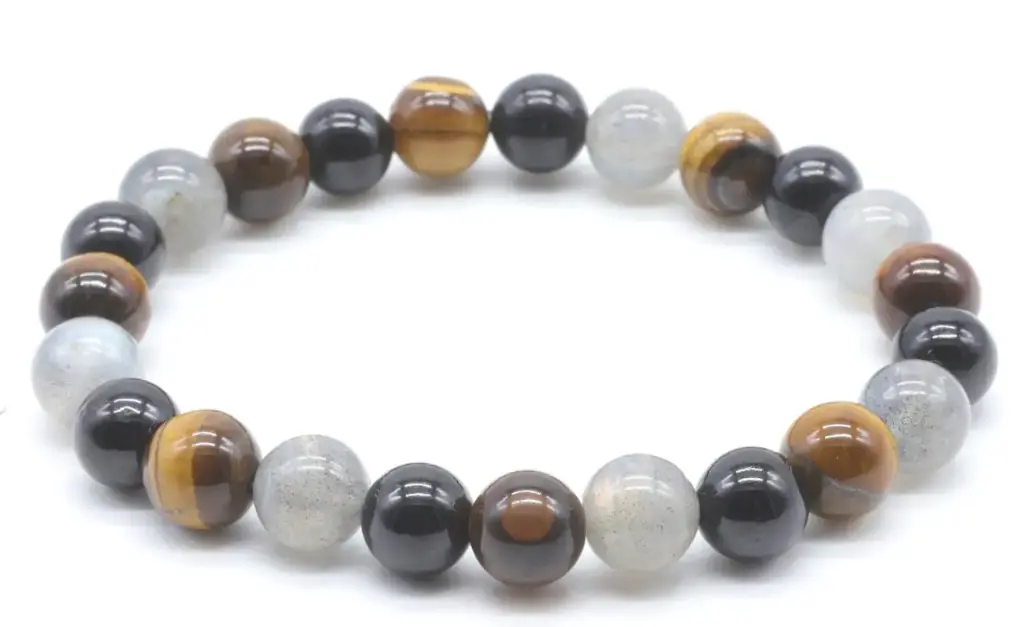 Bracelet Labradorite, Tourmaline noire, Oeil de tigre perles 8mm