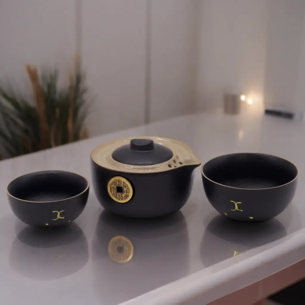 Set Théière Chat Chanceux de Voyage – Céramique Noire avec 2 Tasses