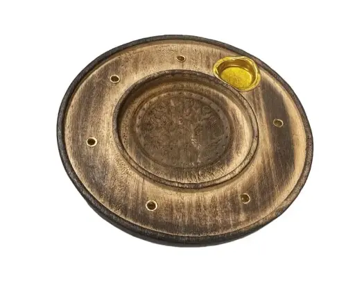  Porte Encens en Bois Rond Ciselé Arbre de vie 10cm x10