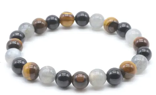 Bracelet Labradorite, Tourmaline noire, Oeil de tigre perles 8mm