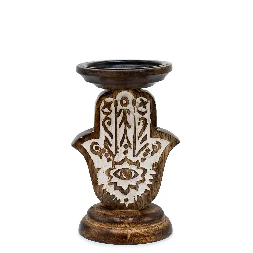 Porte-Bougies en Bois de Manguier - Main de Fatma - Grand 25x18cm 