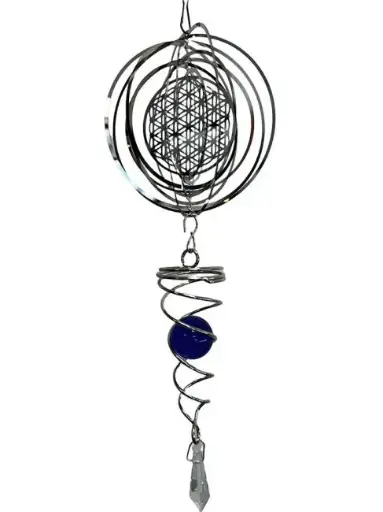 Carillon éolien 3d acier fleur de vie spirale avec boule bleu marine 10cm 